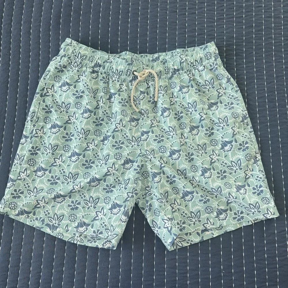 Faherty Swim Trunk Shorts Elastic Tie Floral Green Blue Cream Mens Sz XL Lined